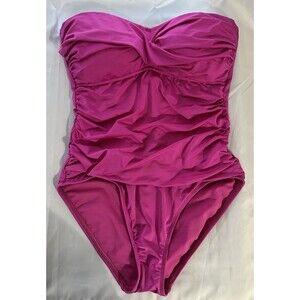 2 Bamboo Swimsuit 1PC Pink Ruched Bandeau Halter Strap Padded Bra Size 10 NWT
